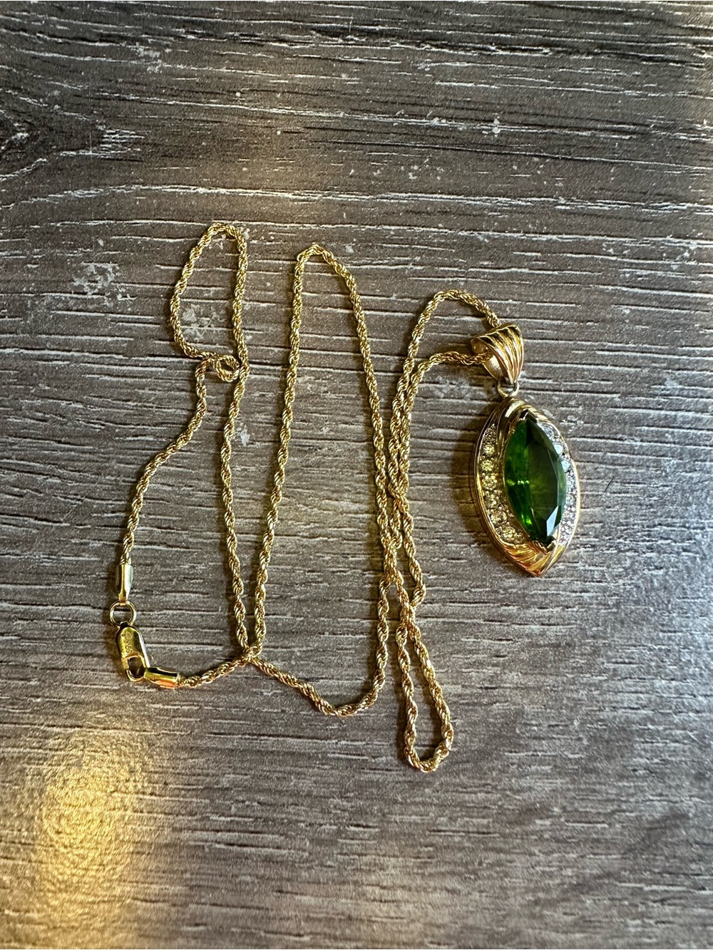 Vintage Estate Glass Peridot CZ Gold Wash Sterling Silver 925 Pendant Necklace